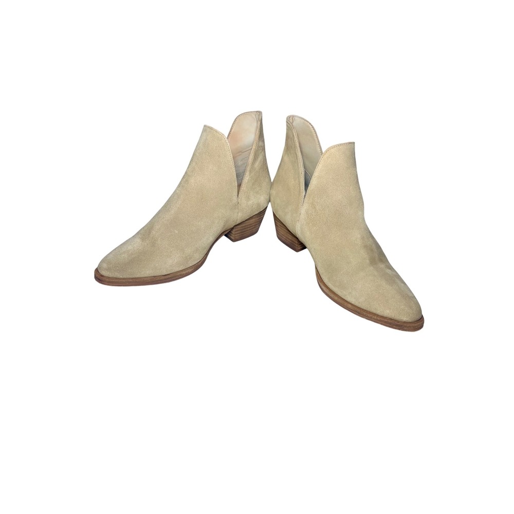 Free People Suede Ankle Slip On Booties Beige V Cut Stacked Heel Womens 7.5 Boho - Picture 1 of 9